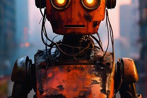 Rusty humanoid robot with glowing eyes in urban landscape, a Technology Photo by GoodGoods