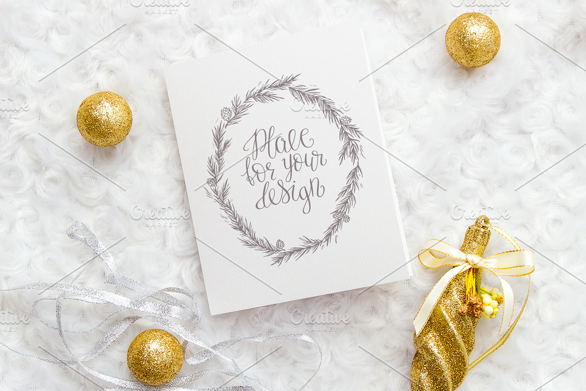 Christmas Mockup. Card, golden balls, a Product Mockup by Mockups4you
