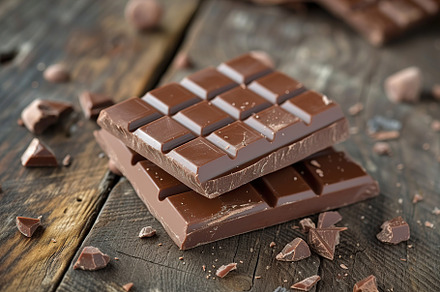 Milk chocolate bar on wooden background, a Food & Drink Photo by AlyaAnd