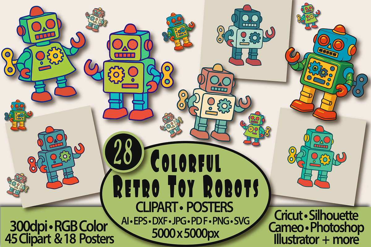 Retro Toy Robots Clipart & Posters, an Object Graphic by Blynn Pippen (Photo 1 of 23)