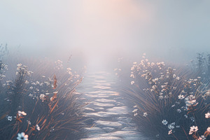Ethereal Misty Garden Path With Wildflowers, Soft Sunrise Light, an Abstract Photo by José Manuel Gelpi