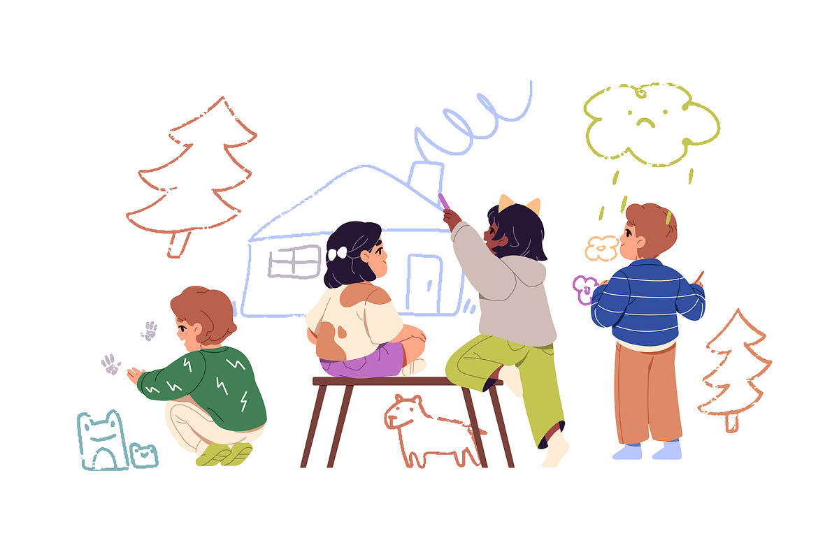Cute kids drawing doodles on wall, a Person Illustration by PaperTrident (Photo 4 of 14)