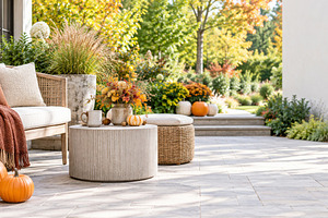 Autumn patio decorated with pumpkins, a Photo by Dvoevnore photos
