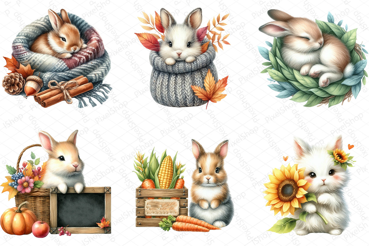 Watercolor Autumn Rabbit Clipart, an Illustration by DreamPrint404 (Photo 5 of 6)