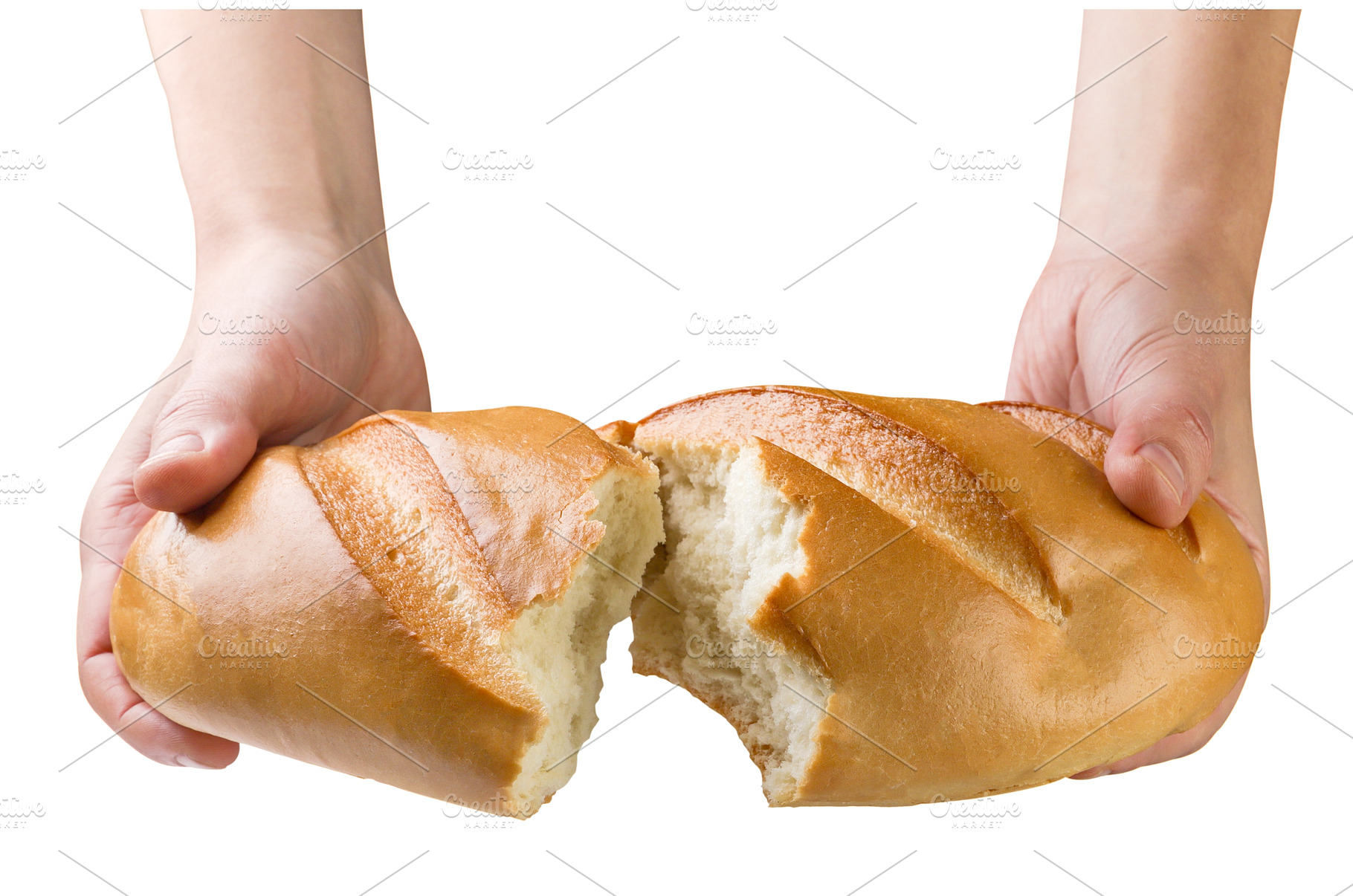 Loaf of bread in hands broken in, a Food & Drink Photo by innakreativ