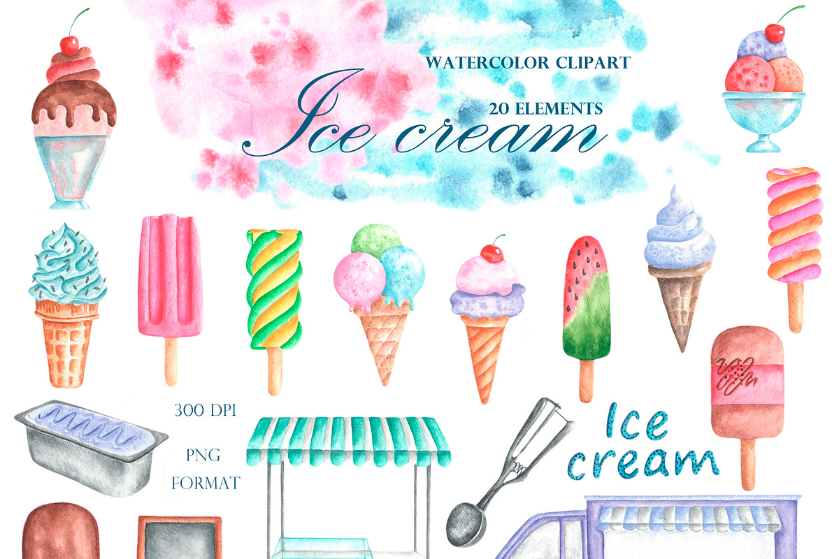 Ice cream watercolor set., a Food Illustration by SabinaWatercolorArt (Photo 2 of 17)