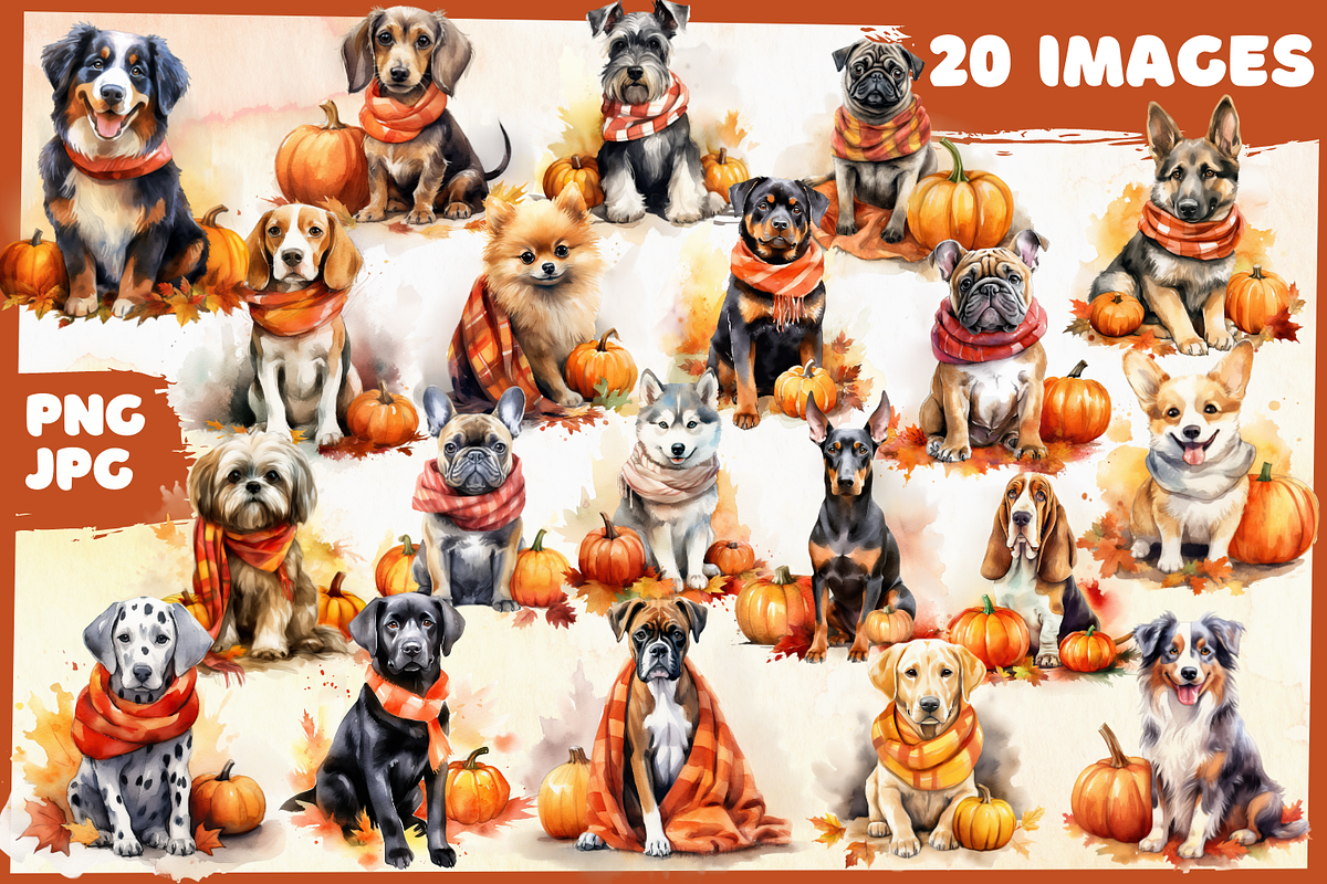 Fall Dogs With Pumpkins Watercolor, an Animal Illustration by Whimsy & Wishes (Photo 1 of 6)