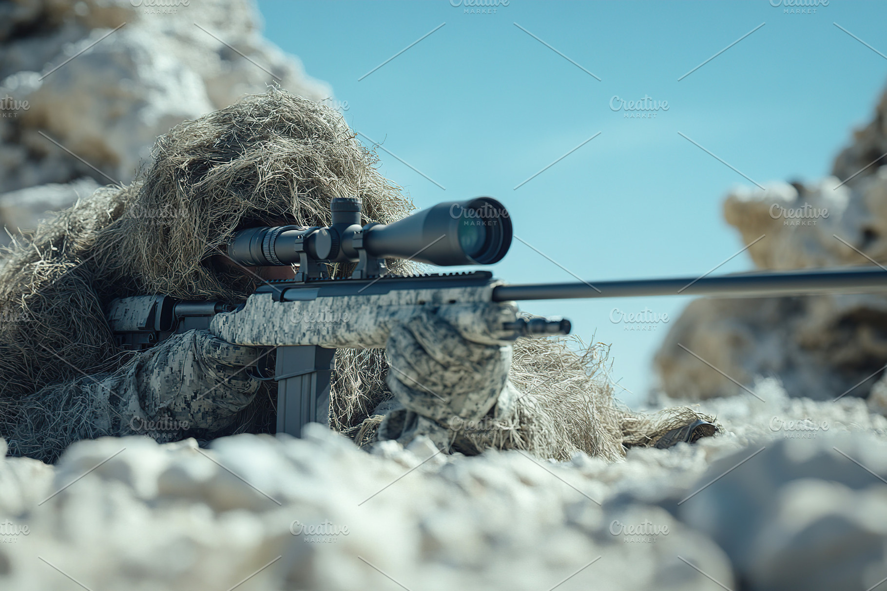 Camouflaged soldier lying down with sniper rifle in rocky terrain under clear b, a Photo by AlyaAnd