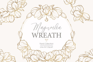 Linear Magnolia Flowers Wreath PNG