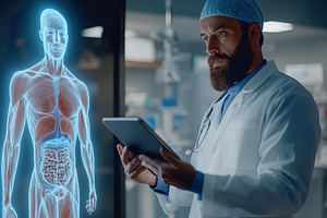 Doctor using digital tablet and checking patient test results standing near big, a Health & Medical Photo by AlyaAnd
