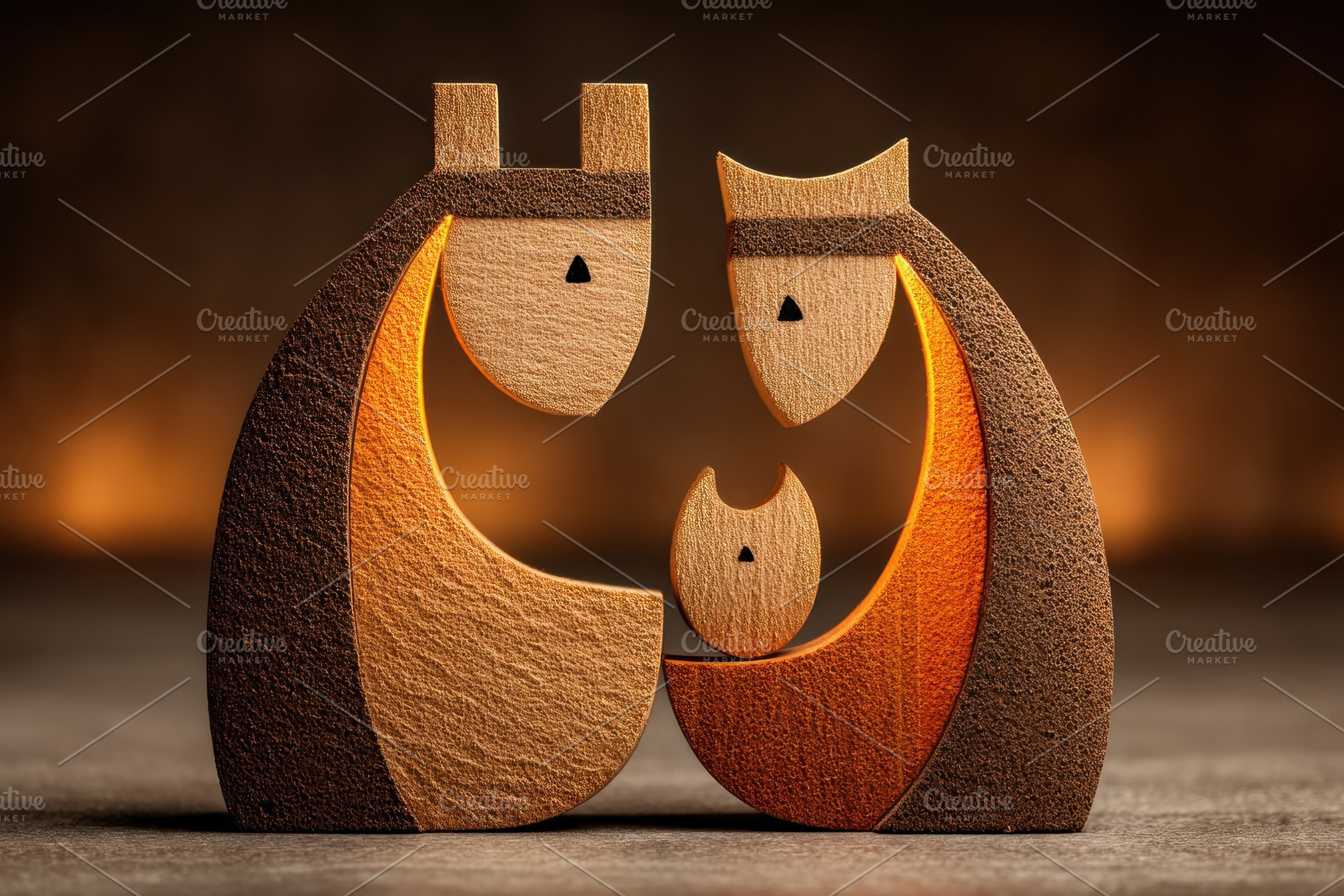 Minimalist wooden nativity scene with abstract carved figures of, a Holiday Photo by José Manuel Gelpi