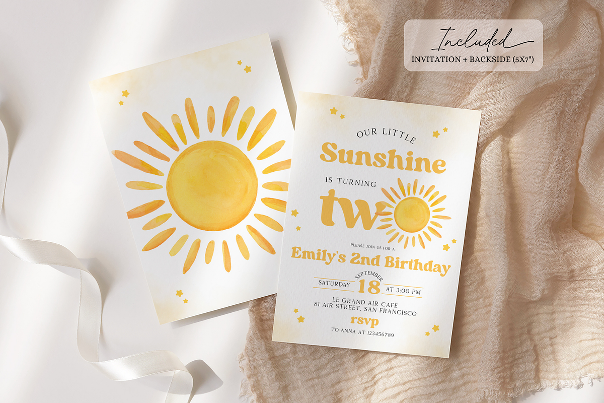 Sunshine 2nd Birthday Invitation, a Templates & Theme by VeliusCreativeStudio (Photo 2 of 3)