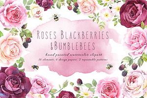 Watercolor rose and blackberry set