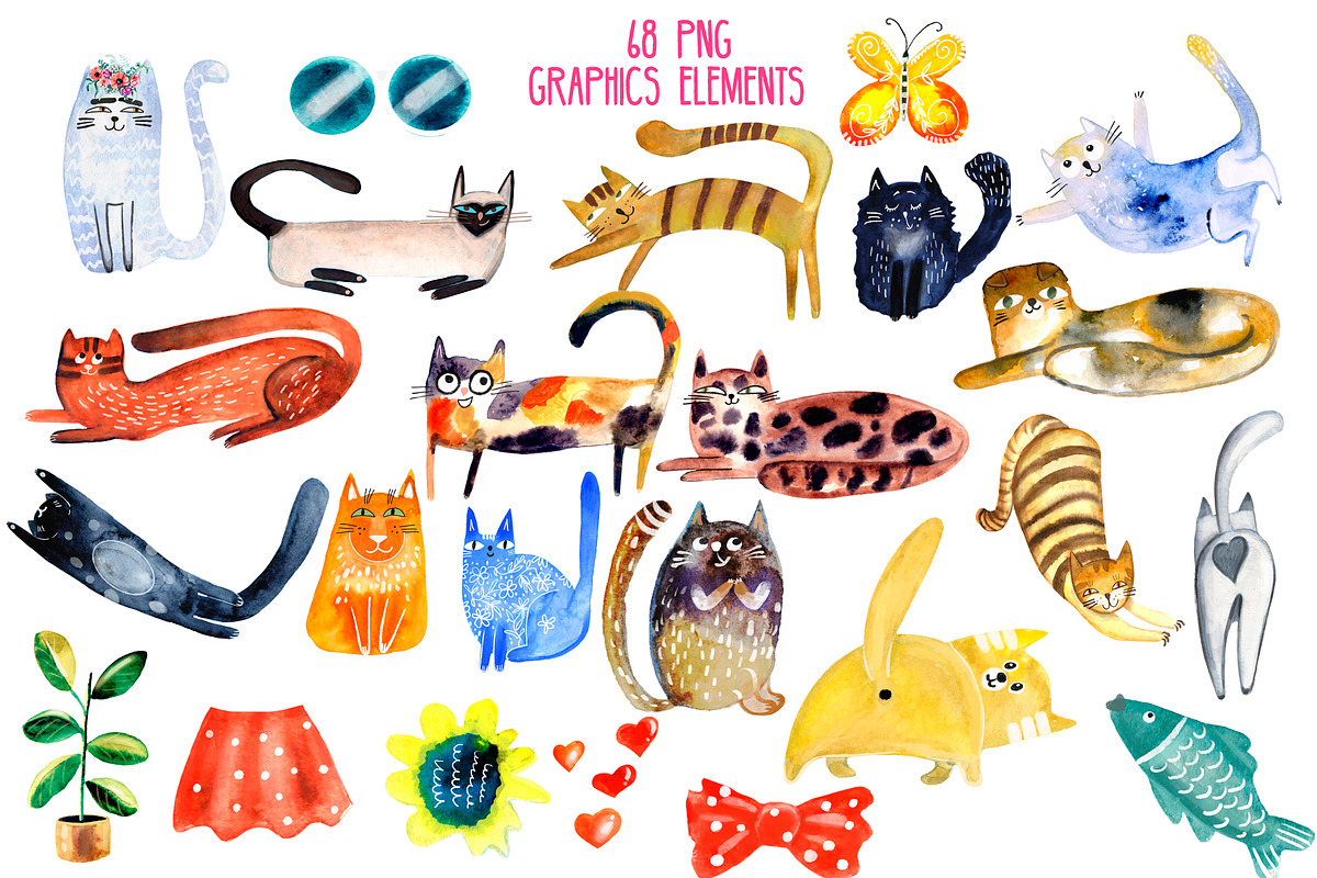 Watercolor cats dogs hand drawn set, an Object Illustration by NataLyaroArt (Photo 2 of 9)