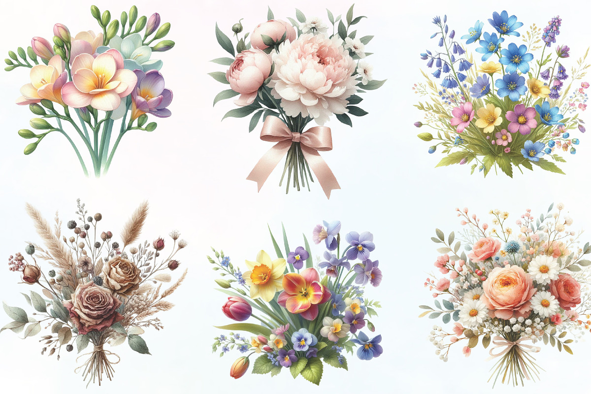 Watercolor Flower Bouquets Clipart, an Illustration by CraftArtStudio (Photo 2 of 6)