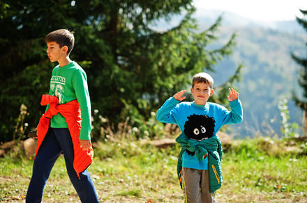 Brothers hike in the mountains, children are walking along a mou, a Nature Photo by AS photostudio