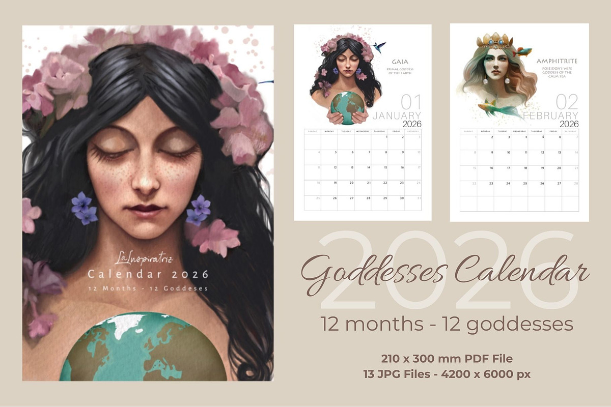 2026 Printable Calendar Goddesses, a Decorative Illustration by La Inspiratriz (Photo 1 of 8)