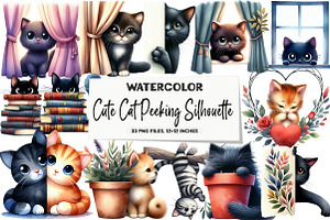 Cute Cat Peeking Silhouette Clipart, an Illustration by DreamArtGraphic