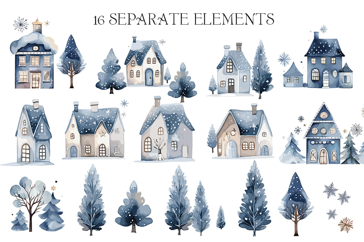 Watercolor Winter Blue houses, an Object Illustration by Evgeniia (Photo 6 of 6)