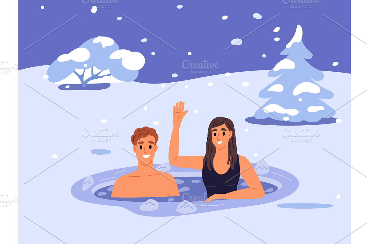 Man and woman swim in ice hole in, an Illustration by Vectorbuum