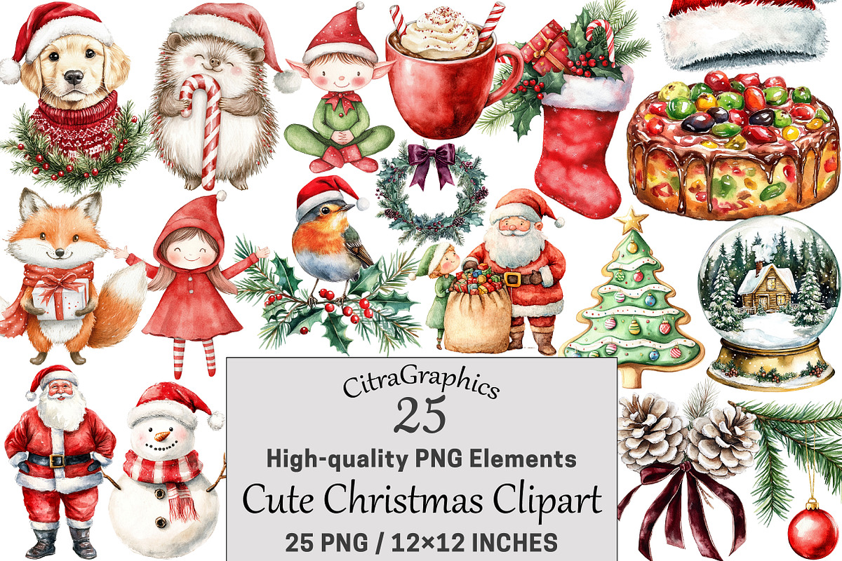 Cute Christmas Clipart, a Seasonal Illustration by CitraGraphics (Photo 1 of 6)