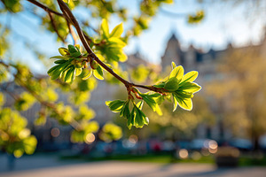 Spring leaf buds on branch with city bokeh, a Nature Photo by AlyaAnd