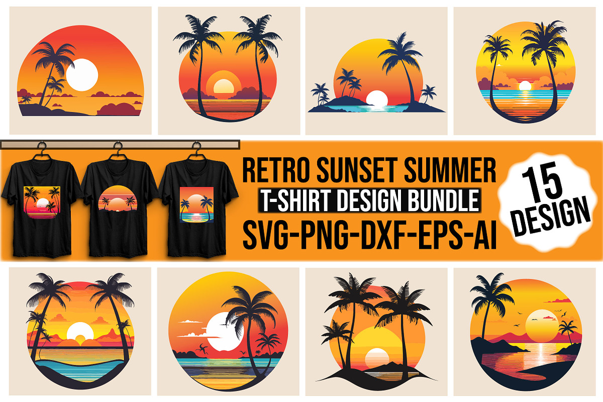 Retro Sunset Summer T-Shirt Design, a Seasonal Illustration by Craft Nest (Photo 1 of 3)