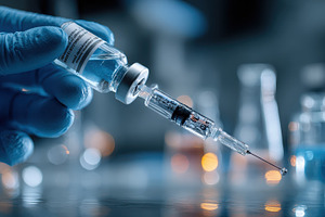 Vaccine vial and syringe in gloved h, a Photo by Pixeness Studio