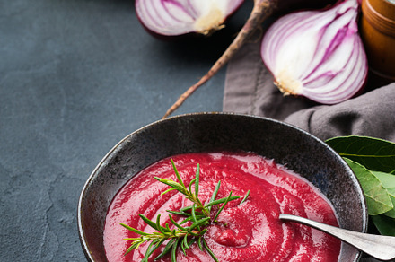 Seasonal fall autumn creamy beetroot soup on a table, a Food & Drink Photo by Antonina Vlasova