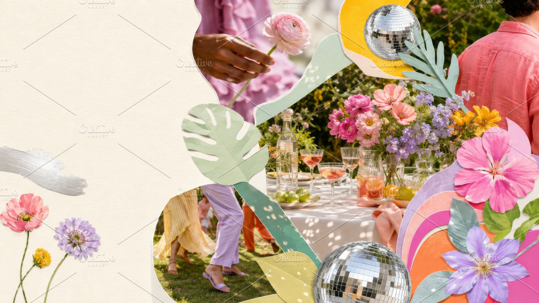 Garden disco party scene with flower, a Photo by Dvoevnore photos