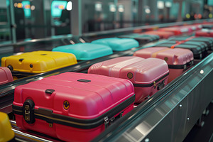 Luggage bags on conveyor belt in airport terminal. Travel concep, a Photo by AlyaAnd