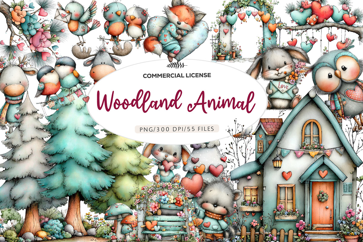Valentine Woodland Animal Clipart, an Illustration by CreationArt (Photo 1 of 5)