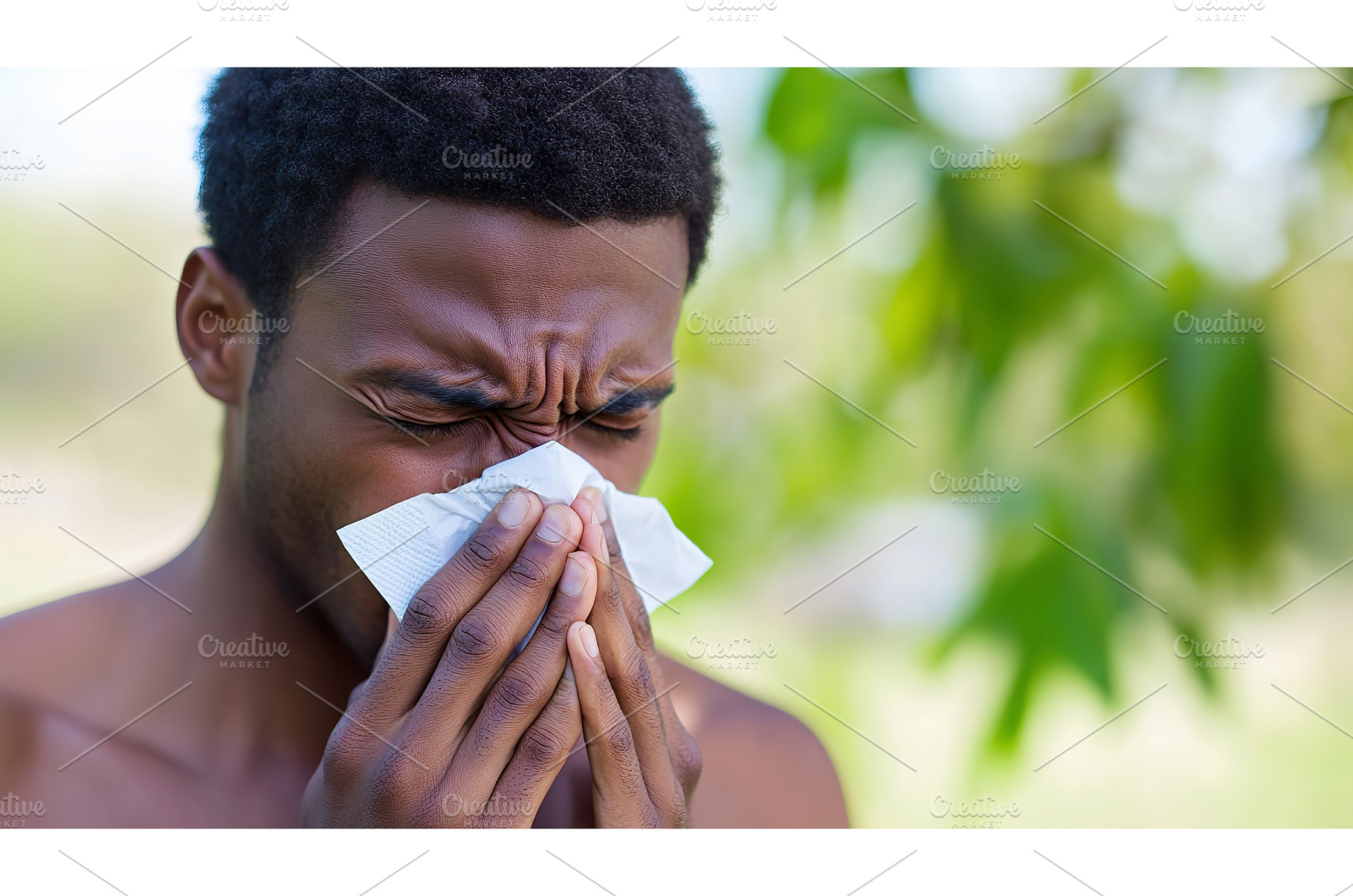 Black man blowing nose with tissue, a Person Photo by Lermont51