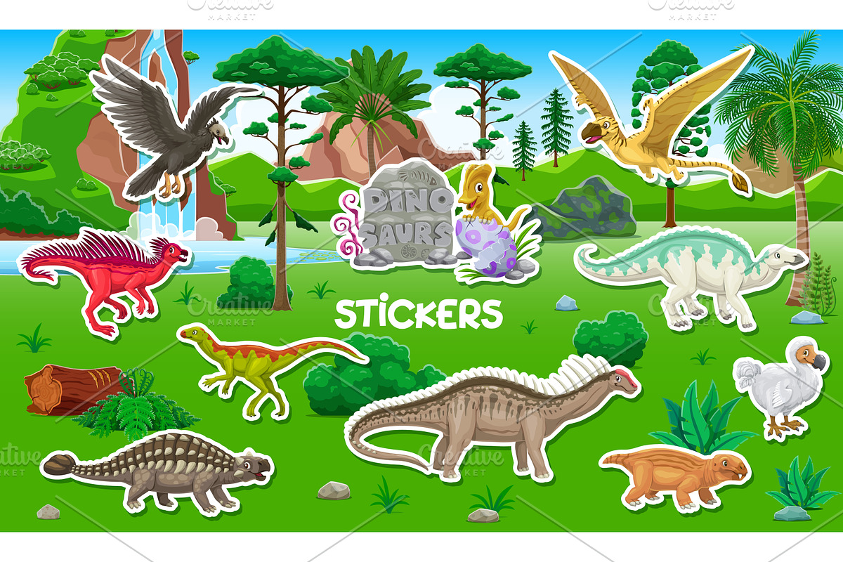 Stickers pack of dinosaurs, an Animal Illustration by Vector Tradition