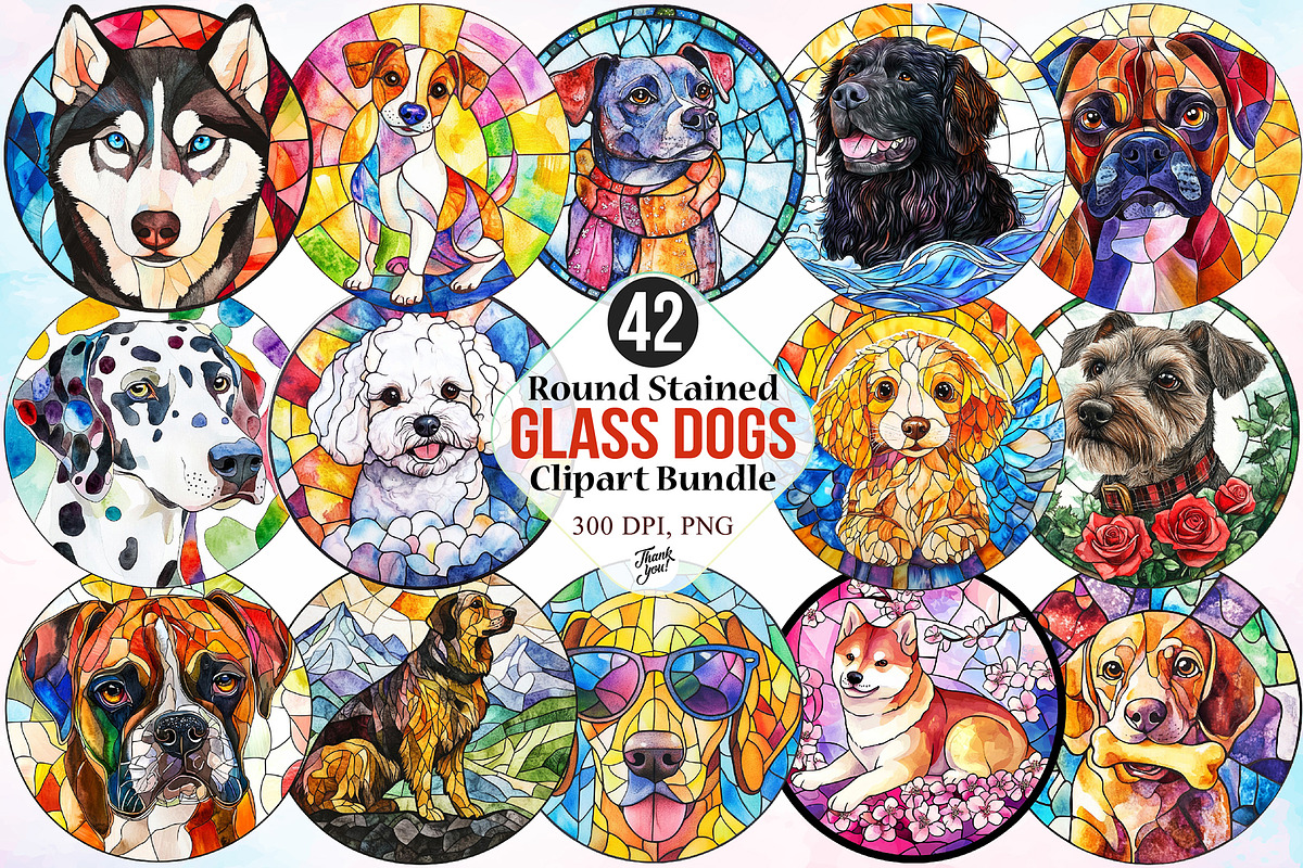 Round Stained Glass Dogs Clipart PNG, a Seasonal Illustration by Canvas Craft (Photo 1 of 4)