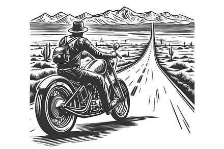 Lone Biker Riding Desert Highway, a Transportation Illustration by AlexArt