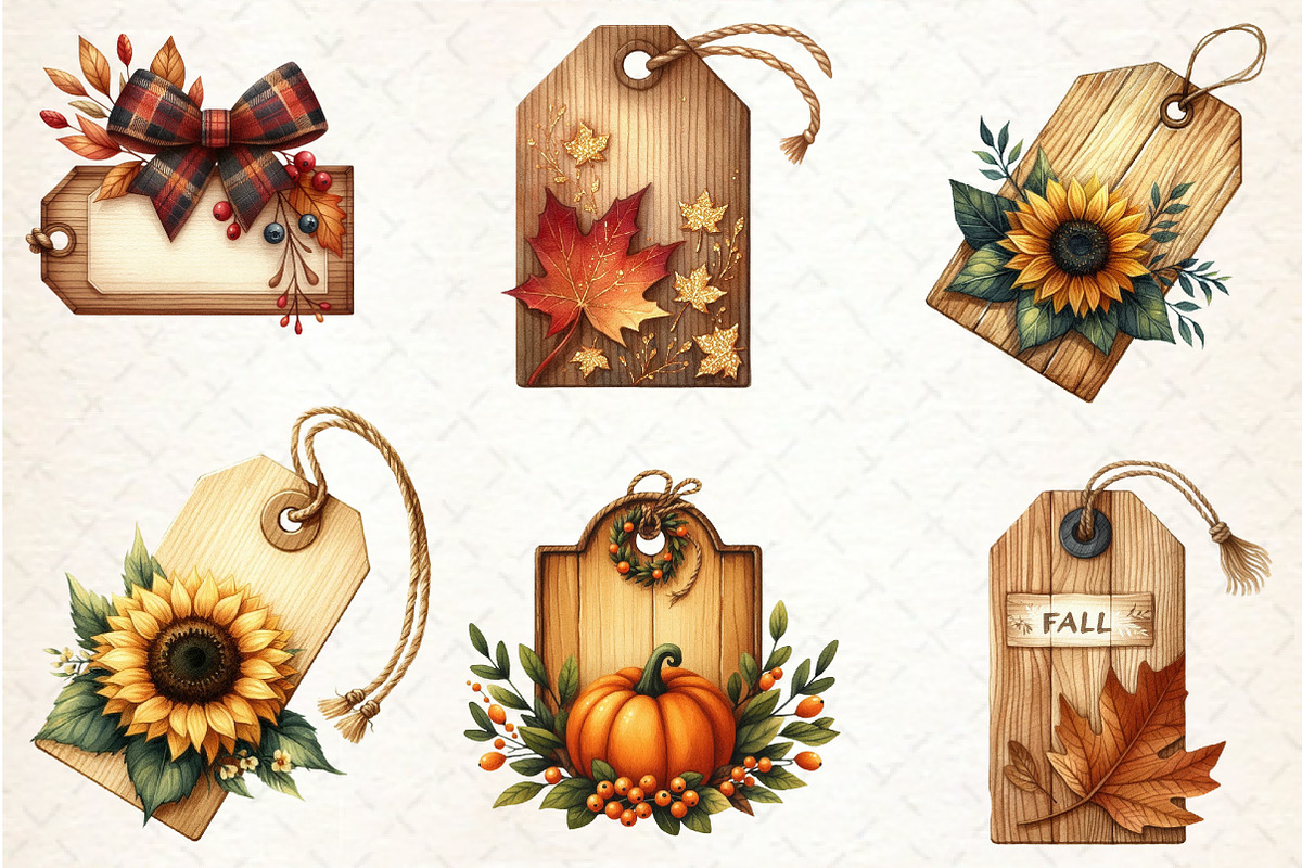 Vintage Wooden Autumn Tags Clipart, an Illustration by Rose Art (Photo 2 of 5)