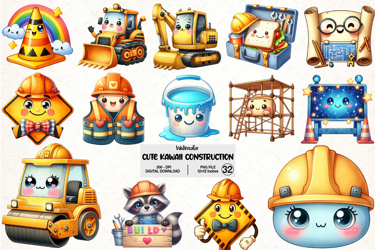 Cute KawaiI Construction Watercolor, an Illustration by Pixels.Craft (Photo 1 of 7)