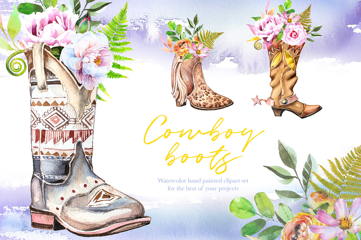 Watercolor Cowboy Boots Clipart Set, a Seasonal Illustration by  ArtCreationsDesign, image size:1200x800