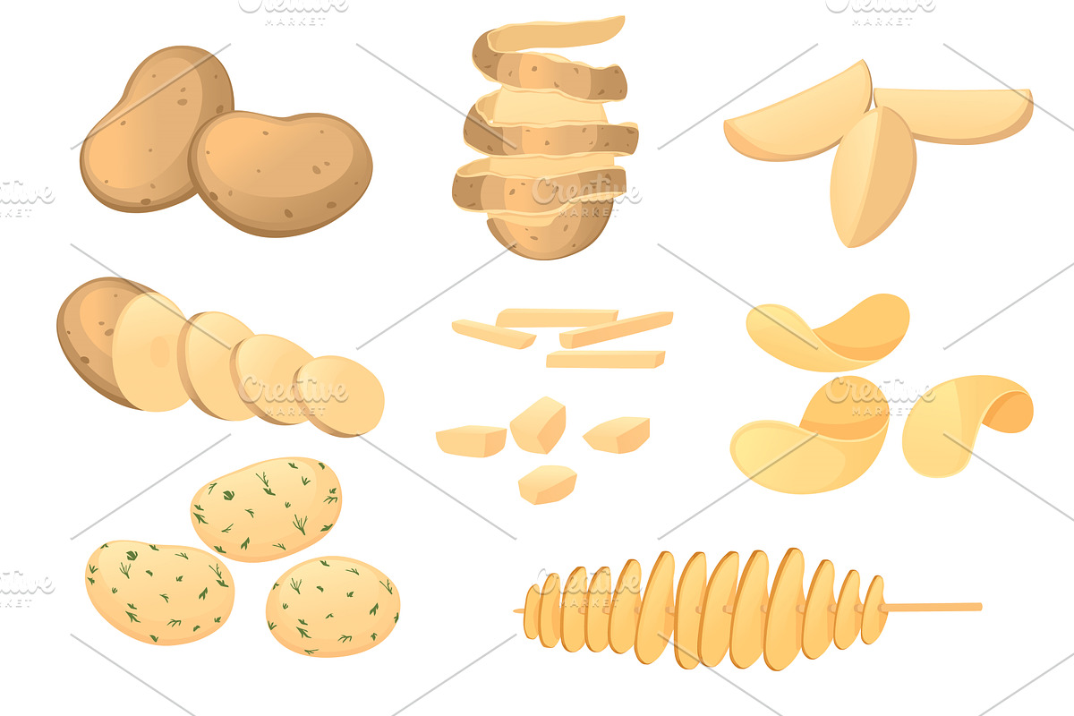 Set of different states of potato, a Food Illustration by Alfmaler