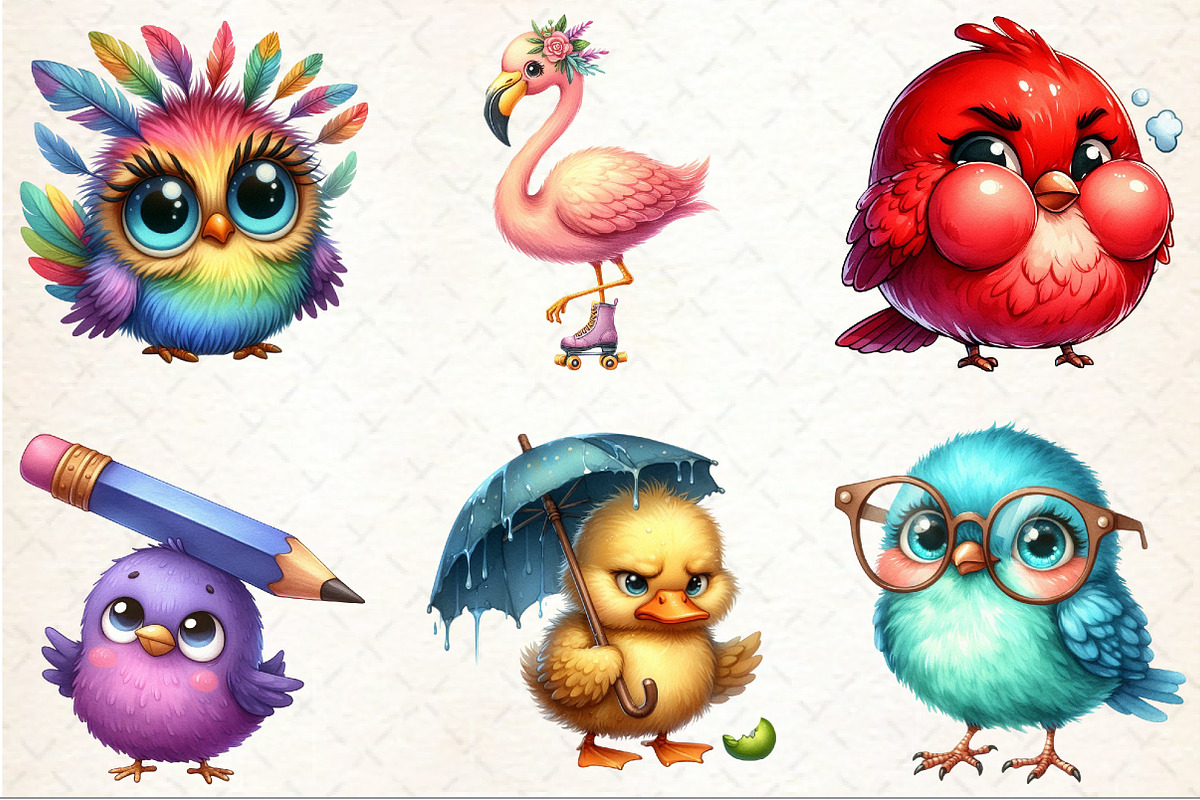 Watercolor Funny Bird Clipart, an Illustration by Rose Art (Photo 3 of 7)