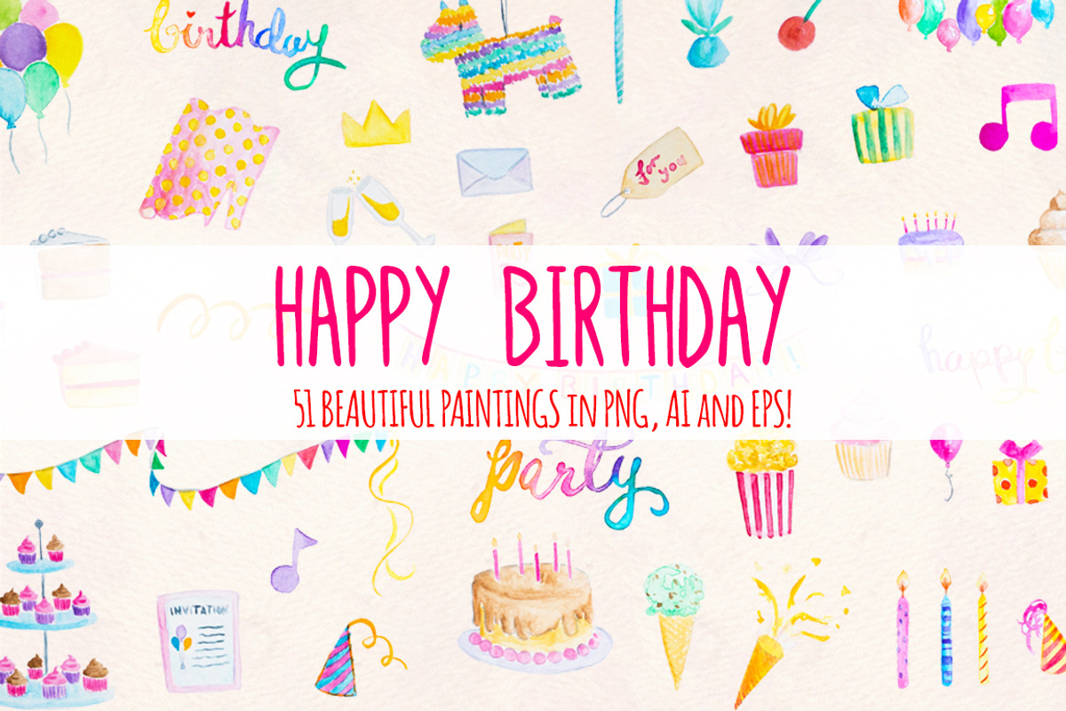 Happy Birthday Watercolor Bundle, a Person Illustration by Violet LeBeaux (Photo 1 of 3)