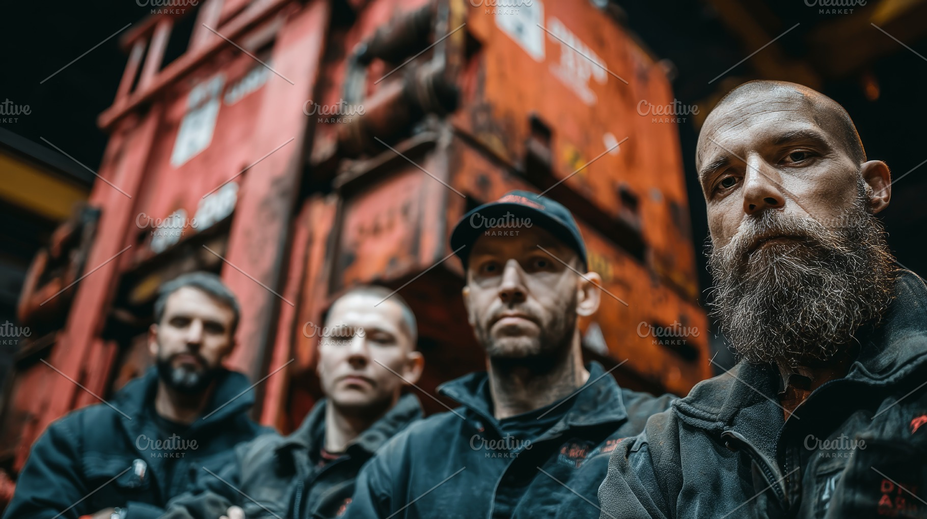 Team of workers posing in front of industrial machinery within a factory, an Industrial Photo by AS photostudio