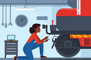 Flat cartoon illustration of train mechanic cheking a train whee, a Person Illustration by DanFLCreativo
