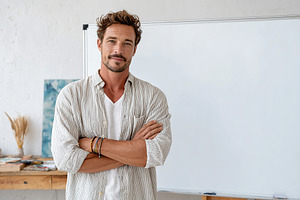 Confident man standing in a bright workspace with a whiteboard and creative sup, a Person Photo by AlyaAnd