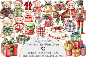 Watercolor Christmas Teddy Bears Cli, a Seasonal Illustration by Design Market