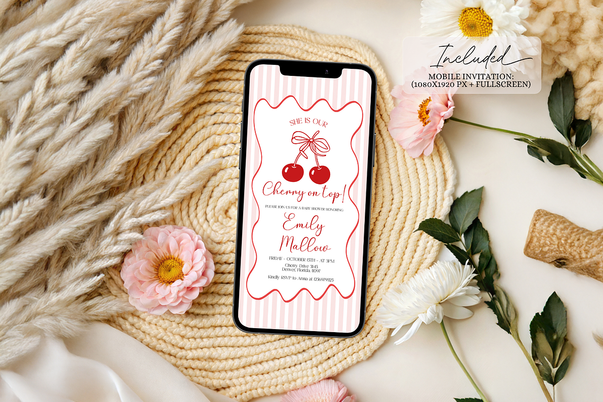 Cherry On Top Baby Shower Invitation, an Invitation Template by VeliusCreativeStudio (Photo 3 of 5)