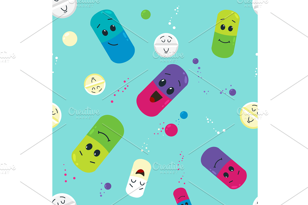Pills characters seamless pattern, an Object Illustration by LadadikArt