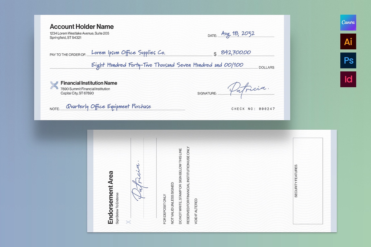 Blank Cheque / Check Template, a Stationery Template by BrandPacks (Photo 1 of 6)