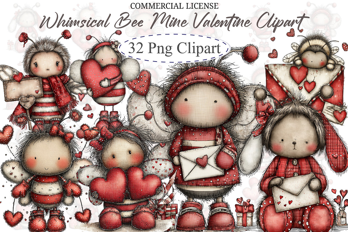 Whimsical Bee Mine Valentine Clipart, an Illustration by designcity5 (Photo 1 of 5)